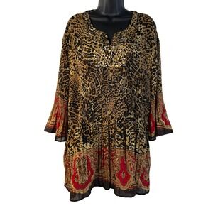 Maggie Barnes Sz 2X Brown Leopard Paisley Sequin Tunic Top Pleated Bell Sleeve